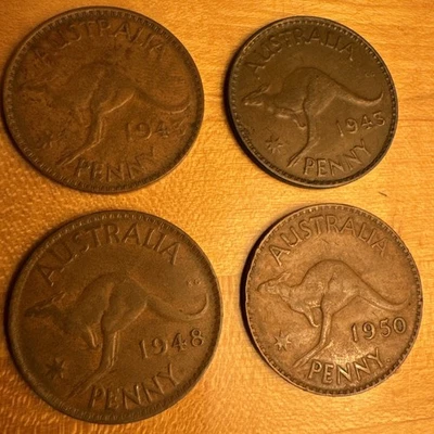 Lot of 4 - Australia - Penny - 2 x 1943, 1948, 1950 - Circulated - Coins - Image 1 of 2