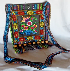 Woven Bag Purse Cross Body Multicolor Embroidered Floral Zip Pocket 9.5"x9"+2in - Picture 1 of 5