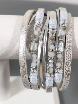 Pulsera magnética Boho gris vidrio imitación cuero multi cordón 6,5" Foto 1 de 4