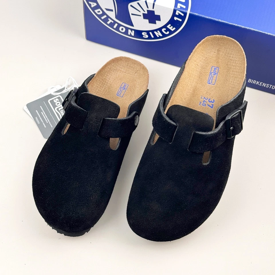 Birkenstock Boston Black Soft Footbed Suede Leather Unisex Clog Shoes - Image 1 of 1