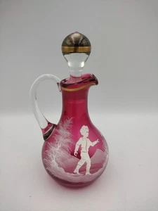 Vintage Mary Gregory Hand-Painted Cranberry Art Glass Decanter, 6.25" Tall - Picture 1 of 5