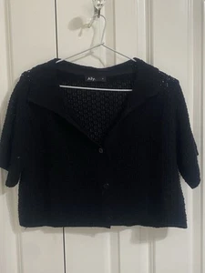Ally Open Knit Button Up Relaxed Crop BLACK Button Up Collared Cardigan Size S - Picture 1 of 10