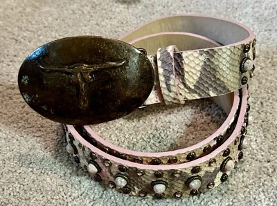 Streets Ahead Pink Studded Snakeskin Belt W/ Texas Longhorn Buckle XL NWOT $255 - Image 1 of 4