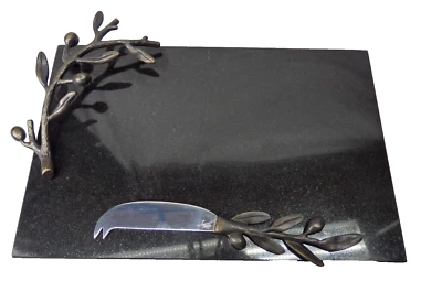 Michael Aram Bronze Olive Branch Black Granite Cheese Board 12" X 8" w/Knife - Image 1 of 4