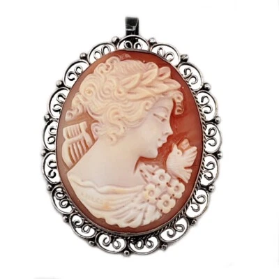 Ciondolo Argento925 Spilla Cammeo inciso volto donna artigianale Vintage - Immagine 1 di 4