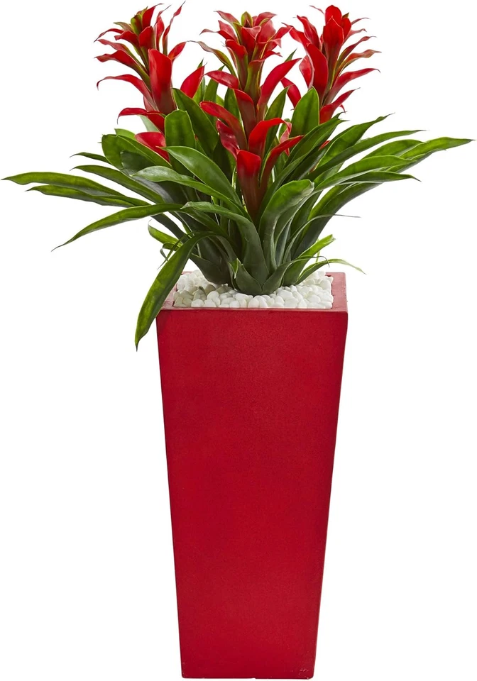 Triple Bromeliad Artificial Plant in Red Planter - Image 1 of 2