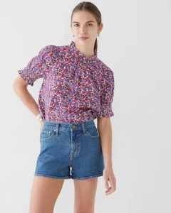 JCREW SMOCKED LINEN PUFF SLEEVE TOP IN BERRY FLORAL XXS NOBLE PERI FUCHSIA - Picture 1 of 7