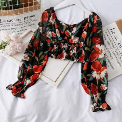 Crop Top Chiffon Stretch Pleated Cherry Off Shoulder Sexy Lady Puff Sleeve Shirt - Image 1 of 4