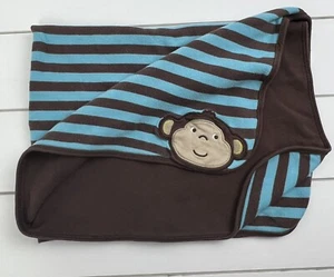 CARTER'S Monkey Baby Blanket Lovey Brown Teal Blue Stripe Cotton - Picture 1 of 5