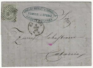 Regno - Busta da Genova per Catania con 5 cent. Torino con annullo a punti - Foto 1 di 2