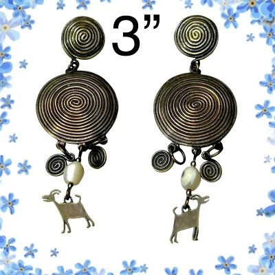 LONG Artisan Bronze Native American Hieroglyph Earrings Pierced Dangle Drop - Image 1 of 4