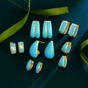 Boucle d'oreille cerceau bleu perles turquoise naturelles pour mariées plaqué or jaune bijoux - Photo 1/27