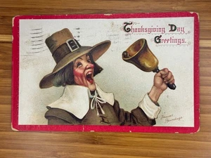 Frances Brundage Thanksgiving~Pilgrim Town Crier Rings Bell~Red Border 1913 - Picture 1 of 2