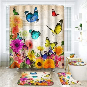 Flowers Butterflies Bathroom Set with Shower Curtain and Rugs Accessories, Bu... - Picture 1 of 7