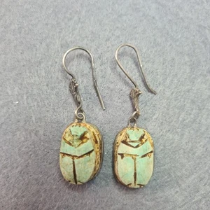 Egyptian Scarab Sterling Silver Green Stone Carved Earrings Handmade - Picture 1 of 5