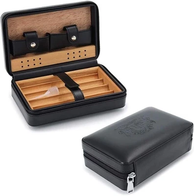 Black Travel Cigar Humidor Cigar Case with Spanish Cedar Wood Lining Men’s Gift - Image 1 of 3