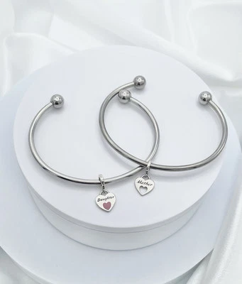 (2) Linx Stainless Steel Bangles with Matching Mother & Daughter Heart Charms - Image 1 of 4