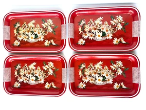4 Vintage Metal Floral Serving Trays Red White Daisies 14"x9" Mid Century MCM - Picture 1 of 8