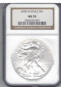 2008 W BURNISHED SILVER EAGLE NGC MS 70 BROWN LABEL FREE SHIPPING - Picture 1 of 2
