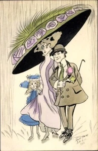Xavier SAGER Artist; Family under a Woman’s Large Hat in the Rain; Signed, Dated - Bild 1 von 2