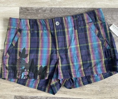 New ROXY Y2K 90s Low Rise Shorts Plaid Mini Size 3 women junior blue micro - Image 1 of 4