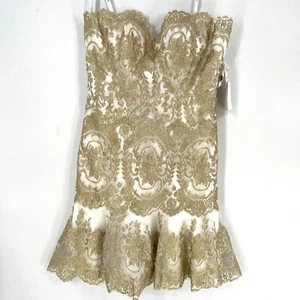 Tony Bowls Prom Formal Cocktail Dress Sz 8 Gold Brocade Lace Sweetheart Neckline - Picture 1 of 9