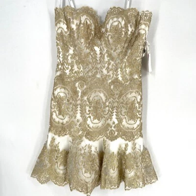 Vestido de cóctel formal Tony Bowls talla 8 brocado dorado encaje escote corazón Foto 1 de 4
