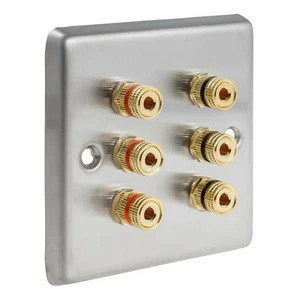 Stainless Steel Raised Speaker Wall Plate 6 Gold Binding Posts Banana Non Solder - Picture 1 of 5