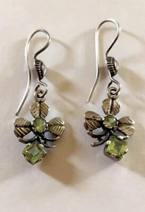 SHAMROCKS with PERIDOT/ Moonstone Sterling 925 Silver Dainty DANGLE EARRINGS - Picture 1 of 13
