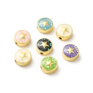 5x Enamel Shell Flat Round with Star Spacer Beads for Jewelry Bracelet Making - Picture 1 of 3
