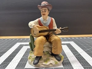 Homco Cowboy Man With Hat Playing Guitar Sitting On Rock Porcelain Figurine - Picture 1 of 15