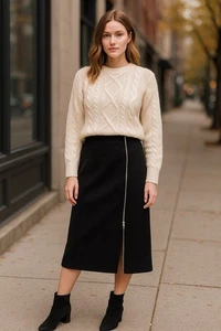 PARKER Wool-Blend Wrap-Style Midi Skirt | Structured Side Zip | Classic Black | - Picture 1 of 10