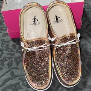 Corkys Kajak Konfetti mehrfarbig Glitzer Slipper Damengröße 10 Freizeitkleidung - Bild 1 von 13