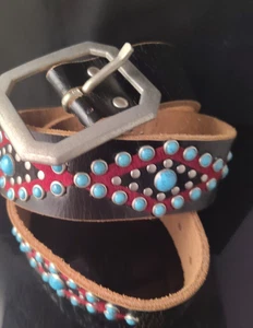 Womens Faux Turquoise Black Leather Stud Detailed Square Silver Buckel Size 36 - Picture 1 of 16