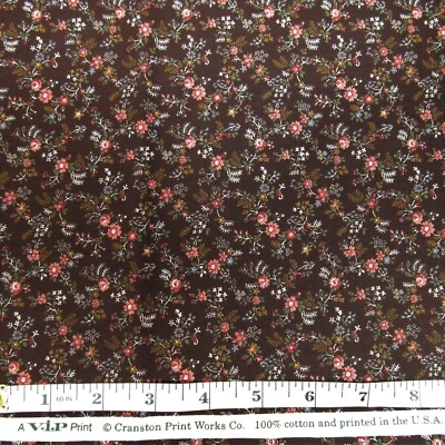 VTG Pink Florals On Brown Cranston 27"x44" Remnant Cotton Sew Quilt Craft Fabric - Image 1 of 2