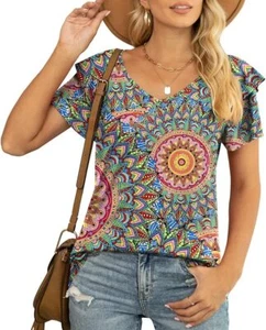 Womens Summer Casual T Shirts V Neck Ruffle Short Sleeve Tops Loose Printed Blou - Picture 1 of 5