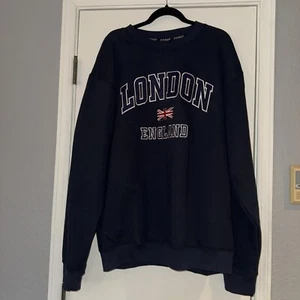 ZOREF Men’s XXL London England Embroidered Navy Blue Crewneck Sweatshirt New - Picture 1 of 7