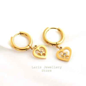 18ct Gold Plated Hoop Earrings with Heart Charm & Star Shape Celestial Design - Picture 1 of 6
