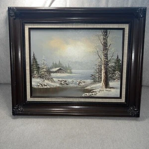 Original Oil On Canvas Snowy Cabin Pine Trees On The Lake Signed Bruce Pencock - Picture 1 of 11