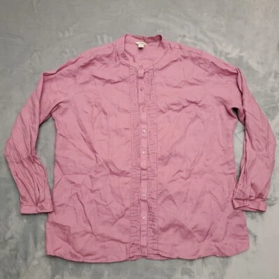 Blusa LL Bean túnica feminina 1X rosa 100% linho plissada colarinho mandarim retrô - Imagem 1 de 4