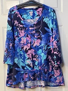 Chico's Sz 3 (XL) Knit Blouse Top 3/4 Sleeve Flared Watercolor Floral Cotton - Picture 1 of 9