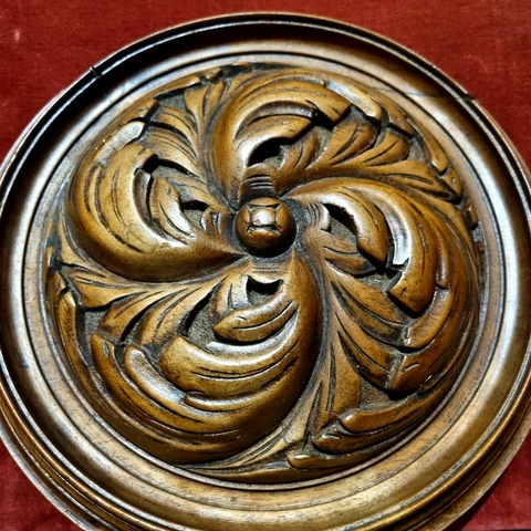 Large rosette wood carving round panel - Antique French architectural salvage Cover