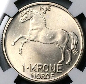 1965 NGC MS 67 Norway 1 krone Horse Key Date Olav V Coin POP 3/0 (24082303C) - Picture 1 of 6