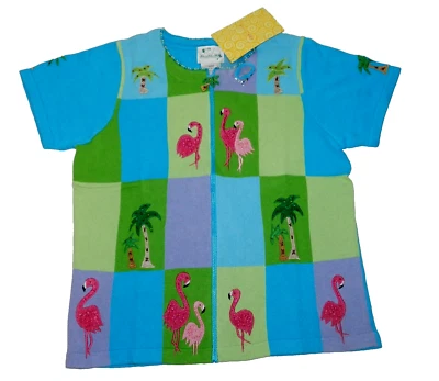 Vtg New Quacker Factory Womens Crewneck Short Sleeve Flamingo Multicol Sweater L - Image 1 of 4