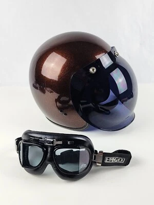 Casco de motocicleta Fly Racing XS retro escamas de metal marrón escudo de burbujas y gafas Foto 1 de 4