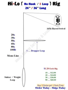 Hi-Lo ( No Hooks / 1 Loop ) Rigs Striper Sea Bass Blackfish Fluke Porgy  Pompano - Picture 1 of 1