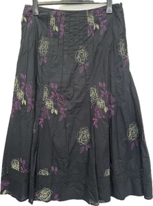 Per Una Black Floral Embroidered Cotton Midi Skirt Size 16 Y2k - Picture 1 of 9