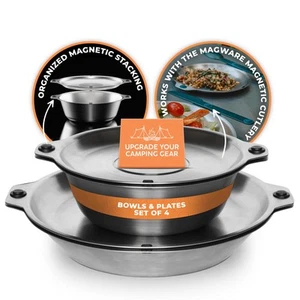 - MAGWARE - Magnetic Bowls and Plates Set - Stainless Steel Travel Dinnerware... - Picture 1 of 8
