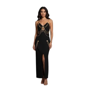Bella Barnett Black Maxi Dress | Gold Chain Detail | S/M | NWT - Picture 1 of 15