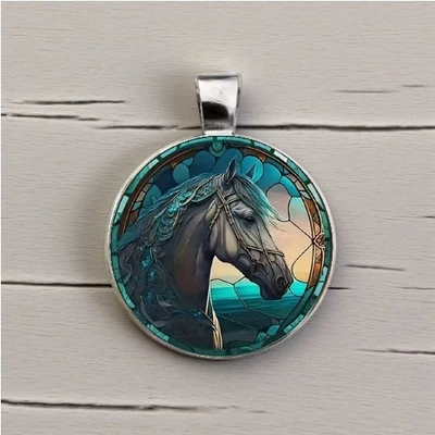 Бирюзовый синий и коричневый лошадь голова круглый стеклянный искусства подвеска / подвеска (без цепи) - Изображение 1 из 4